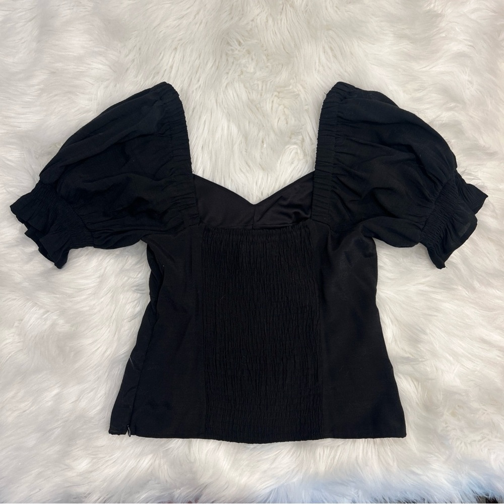 Nine West Black Rayon Side Zip Puff Sleeve Square Neck Women’s Blouse Size Small